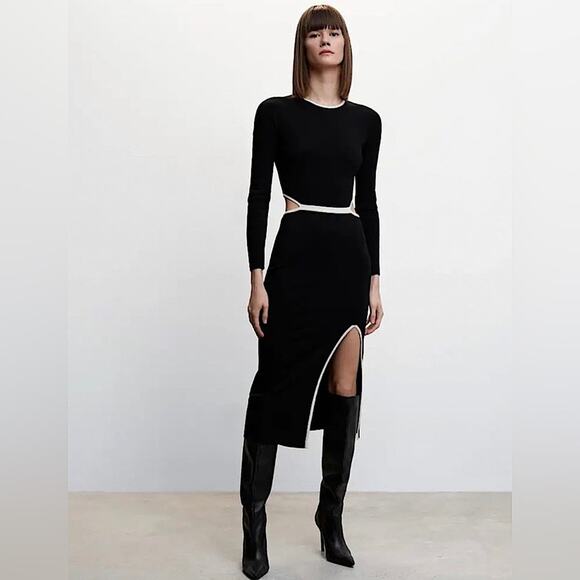 Mango Knit Dress with Openings Cut-Out Long Sleeves Side Slit Black White Size 8 - Picture 1 of 16